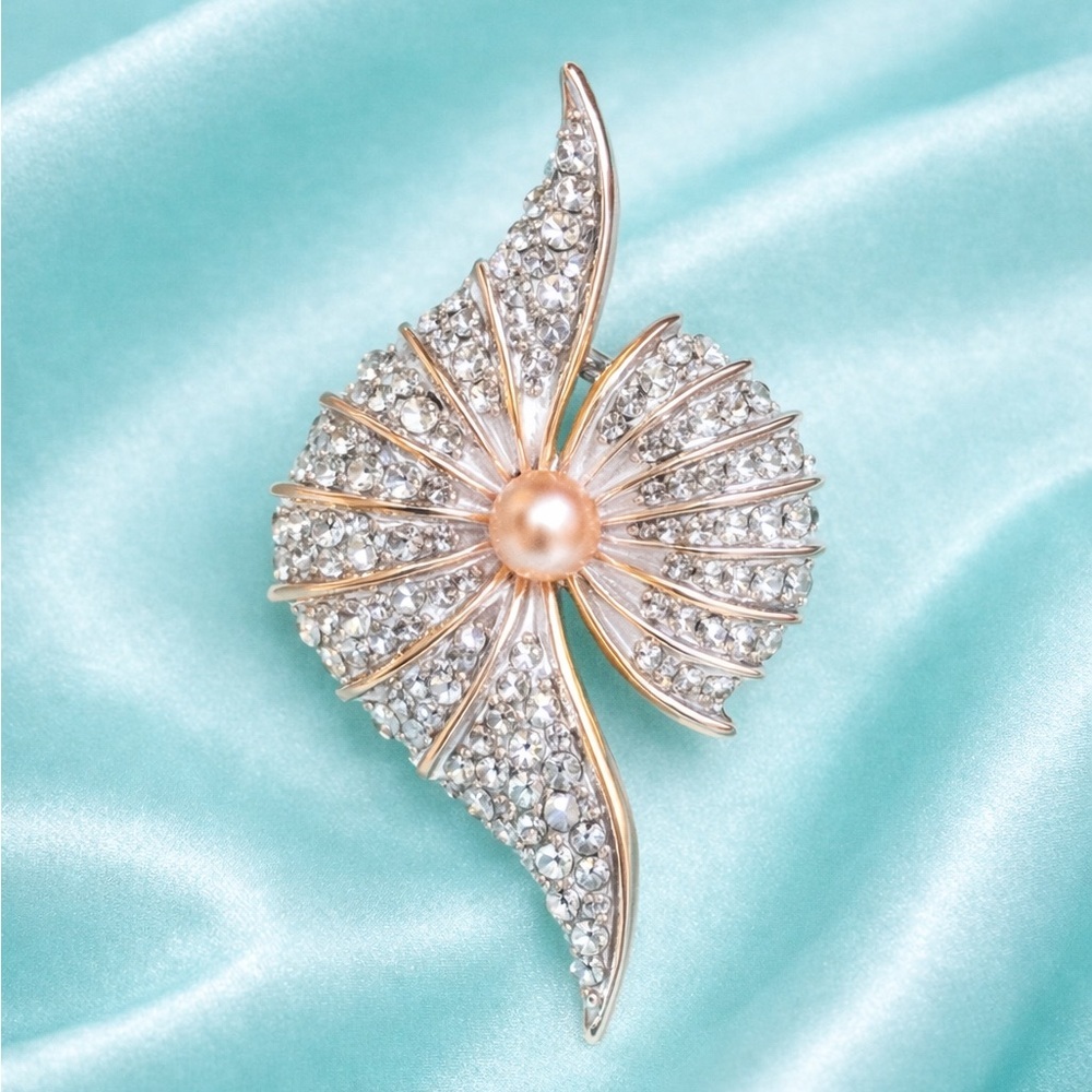Imperial Pearl Crystal Brooch – Fan Design Gold Statement Pin